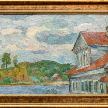 Пейзаж с домом на берегу озера". 1977 - 1980 - е г.г. Холст, масло. Размер 35×96,5 см.