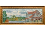"Пейзаж с домом на берегу озера". 1977 - 1980 - е г.г. Холст, масло. Размер 35×96,5 см.